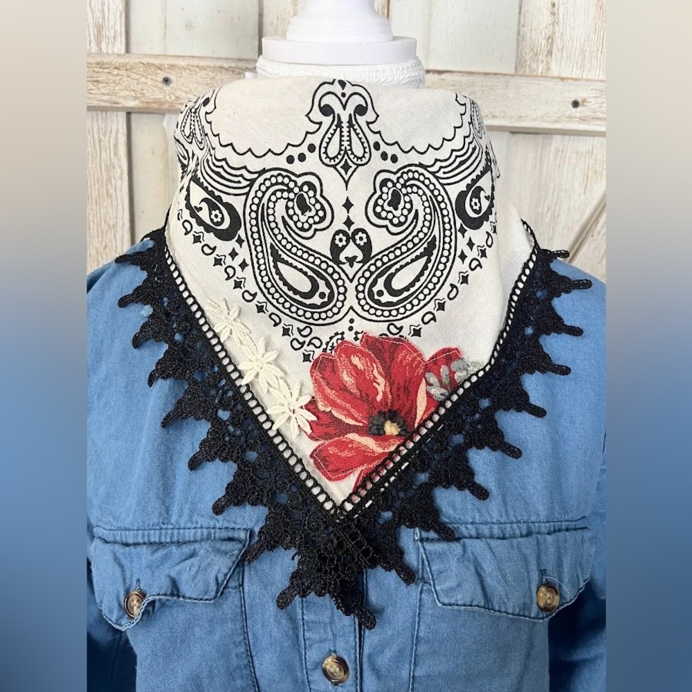 Upcycled Embellished Cream Floral Bandana